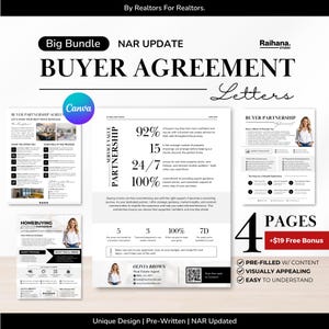 May include: A collection of buyer agreement letters, featuring the text "Big Bundle" and "NAR UPDATE". The documents include "Buyer Partnership Agreement" and "Homebuying". The image also includes the text "Pre-Filled w/ Content" and "Visually Appealing".