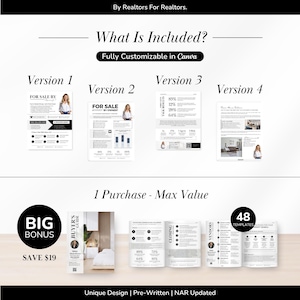 May include: A promotional graphic for real estate agents, featuring marketing materials and templates. Text includes "What Is Included?" and "Fully Customizable in Canva." The image also includes a buyer's guide.