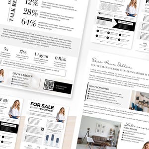 May include: A selection of real estate marketing materials, including flyers and brochures, with text and graphics. The materials provide information about selling homes, with a focus on the advantages of using a real estate agent. The colour scheme is mainly black and white.