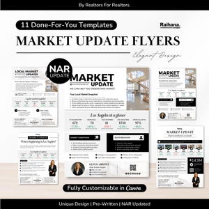 Puede incluir: Imagen promocional para folletos de actualización del mercado inmobiliario. El diseño incluye el texto "Market Update Flyers" y "11 Done-For-You Templates". Los folletos son personalizables en Canva y presentan datos del mercado e información del agente.