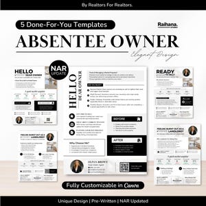 Modelos de cartas para proprietários ausentes para corretores imobiliários, cartas editáveis do Canva para proprietários, mala direta para listas de contatos, em conformidade com a NAR