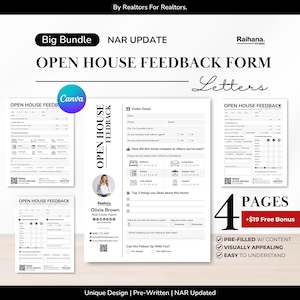 Könnte beinhalten: Ein Bündel von Feedback-Formularen für offene Häuser mit einem sauberen, professionellen Design. Die Formulare enthalten Abschnitte für Besucherdetails, Hausvergleiche und Feedback. Das Bild hebt auch das Canva-Design, vorgefüllte Inhalte und einen Bonus hervor.