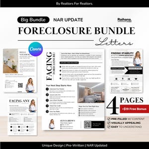 Puede incluir: Un paquete de ejecución hipotecaria con el texto "FORECLOSURE BUNDLE Letters" y "NAR UPDATE". El paquete incluye cuatro páginas con contenido precargado, diseño visualmente atractivo y fácil de entender. Incluye una bonificación.