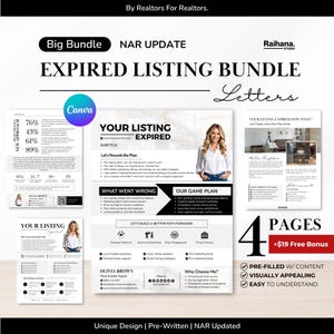 May include: A bundle of real estate marketing materials with the text "Expired Listing Bundle." The design includes pages with text, graphics, and a photo of a woman. The bundle includes pre-filled content and is visually appealing.