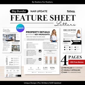 May include: A digital bundle of four real estate feature sheet templates featuring property details, key highlights, and home upgrade sections. The documents include pre-written text, charts, and placeholders for photos, designed for professional property marketing.