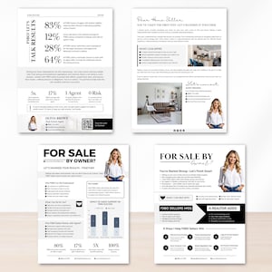 May include: Four white flyers with text and images related to real estate services. The flyers include information on selling a home, with statistics, contact information, and the phrase "For Sale By Owner?"