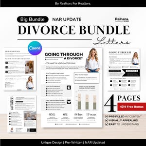 May include: A digital marketing bundle for real estate professionals titled Divorce Bundle Letters, featuring four pages of pre-written content, professional layouts, and a photograph of a person in a white shirt, designed for client communication.