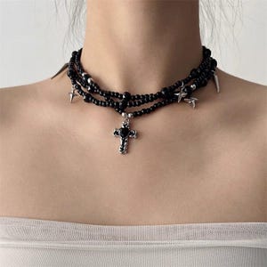 Y2k Gothic black bead necklace,Cross Necklace,Streetwear necklace,Gothic Jewelry Necklace, y2k women punk necklace,Collarbone chainaccessory