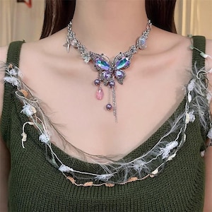 Purple Butterfly necklace,French Rose Necklace,Streetwear necklace,Gothic Jewelry Necklace,y2k women punk necklace,chain linking necklace