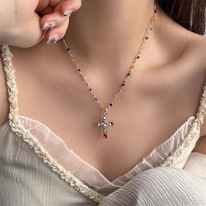 Rainbow Crystal Cross Necklace,Fashion Necklace,Retro Streetwear necklace,Gothic Jewelry Necklace,y2k women punk necklace