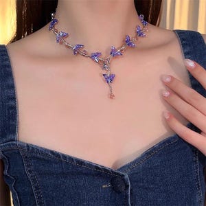 Purple zircon butterfly necklace,Fashion Necklace,Retro Streetwear necklace,Gothic Jewelry Necklace,y2k women punk necklace