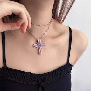 Purple square zirconia cross Necklace,Fashion Necklace,Retro Streetwear necklace,Gothic Jewelry Necklace,y2k women punk necklace