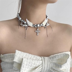 YK2 Leather wing cross necklace,Streetwear necklace,Gothic Jewelry Necklace,silver stainless choker, punk necklace, y2k women Necklace