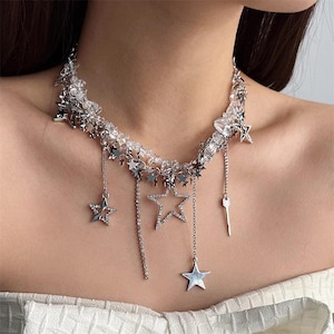 Y2K star necklace set,star pendant,gothic street style necklace,silver stainless choker, punk necklace, y2k necklace for men and women
