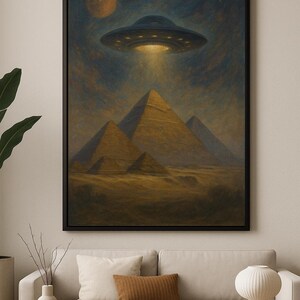 UFO Over Egyptian Pyramids – Sci-Fi Digital Art Print, Alien Wall Decor, Ancient Mystery Printable Poster (Digital Download)
