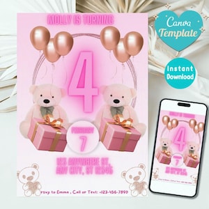 Plantilla de Canva para invitación de cumpleaños de osito de peluche editable / Invitación imprimible para fiesta infantil / Tarjeta personalizable para baby shower / Descarga instantánea