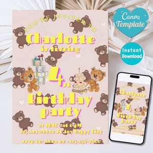 Plantilla de Canva para invitación de cumpleaños de osito de peluche editable / Invitación imprimible para fiesta infantil / Tarjeta personalizable para baby shower / Descarga instantánea