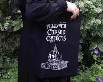 Gothic tote bag, black, witchy tote bag, skull motif, Dark Academia style, cotton shopping bag, gift book bag