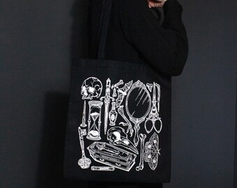 Gothic Stoffbeutel Schwarz, Dark Academia Tote Bag, Totenkopf Tasche, Sarg Design, Viktorianische Motive