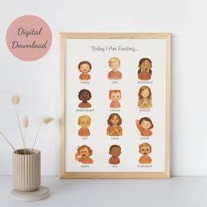 Feelings Poster for Kids – Multicultural Emotions Chart | Montessori & Nursery Decor | Social Emotional Learning | Watercolor Style