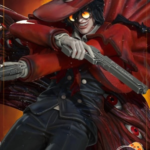May include: A detailed figure of a character in a red coat and hat, holding a gun. The figure has black hair, yellow-tinted glasses, and a sinister grin. The background features a dark, textured design with red eyes. The figure is wearing a dark blue suit.