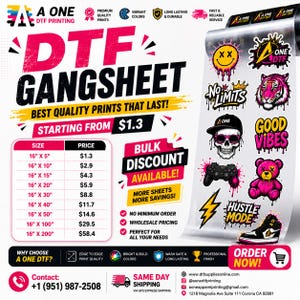 Pode incluir: Uma folha de transferência DTF exibindo um rolo com vários designs gráficos, incluindo um rosto sorridente, um tigre, uma caveira, um urso de pelúcia e um tênis. O material promocional exibe textos como A ONE DTF PRINTING e DTF GANGSHEET.