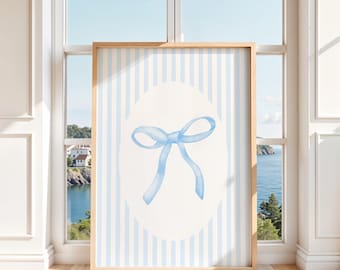 Blue Coquette Bow Wall Art, Blue Bow Print, Coquette Aesthetic Wall Art, Girl Nursery Wall Art, Girly Dorm Wall Art, Digital Download