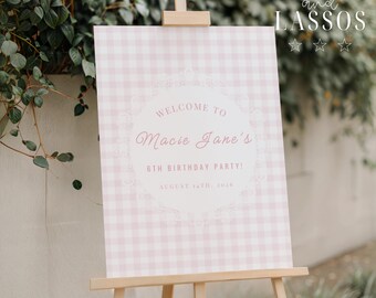 Pink Lace Birthday Welcome Sign Template, Pink Gingham Birthday, Girl Birthday Party Sign, Editable Canva Template, Digital Download