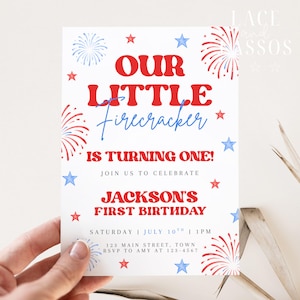 Little Firecracker Birthday Invitation, All American Invite, Patriotic Birthday Invite, 4th of July Baby, Editable Template, Digital Canva