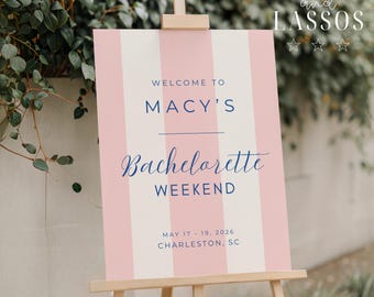 Pink Stripe Bachelorette Party Welcome Sign, Summer Bach Party Sign, Italian Bachelorette, Editable Welcome Sign Canva, Bachelorette Decor