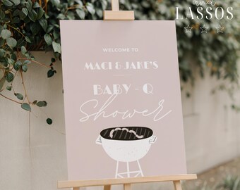 Baby-Q Welcome Sign Template, Girl BBQ Baby Shower Welcome Sign, Pink Summer Backyard Baby Shower, Editable Template, Digital Download