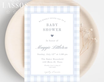 Invitación para baby shower con estampado de cuadros azules, invitación editable para baby shower de niño con estampado de cuadros sureños, plantilla de invitación imprimible, descarga digital.