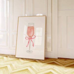 Pink Bow Champagne Glass, Coquette Bow Wall Art, Bar Cart Print, Coquette style, Girly Pink Room Decor, College Apartment Dorm Decor