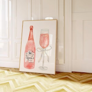 Coquette Bow Champagnerglas & Flasche, Coquette Bow Art, Barwagen-Druck, Coquette-Stil, Girly Pink-Dekor, College-Wohnheim-Dekor