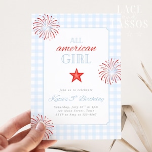 All American Girl Birthday Invitation, Little Firecracker, Patriotic Girl Birthday Invite, 4th of July Birthday, Editable Template, Digital