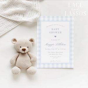 Blaue Gingham-Babypartyeinladung, bearbeitbare südliche Gingham-Junge-Babyparty-Einladung, druckbare Einladungsvorlage, digitaler Download