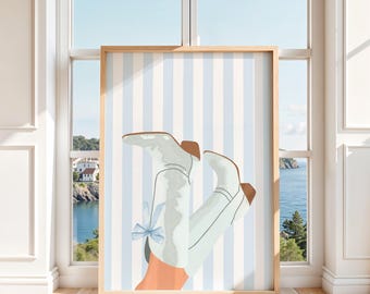 Estampado de botas vaqueras coquetas, decoración de habitación vaquera azul preppy, arte de pared con lazo azul, estampado de vaquera costera, estética western, descarga digital
