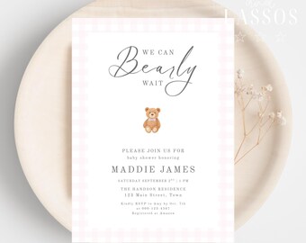 We Can Bearly Wait Baby Shower Invitation, Teddy Bear Baby Shower Invitation, Girl's Can Bearly Wait Baby Shower Invite, Teddy Bear Invite