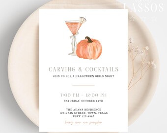 Carvings and Cocktail Invitation Template, Fall Party Invitation, Halloween Party Invitation, Fall Invite, Pumpkin Carving Invitation, Canva