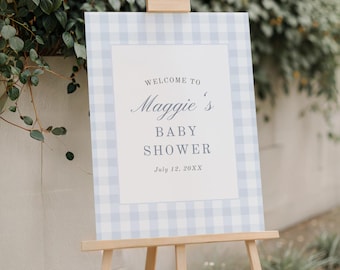 Blue Gingham Baby Shower Welcome Sign, Classic Gingham Boy Baby Shower Welcome Sign Template, Digital Download, Canva