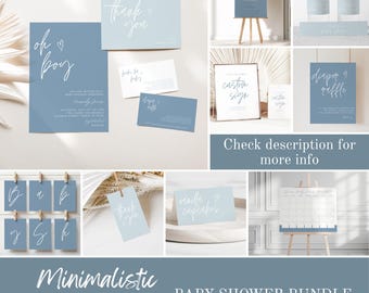 Blauwe minimalistische jongensbaby shower uitnodigingsbundel, bewerkbare en afdrukbare jongensbaby shower decoraties, babybundel, digitale download