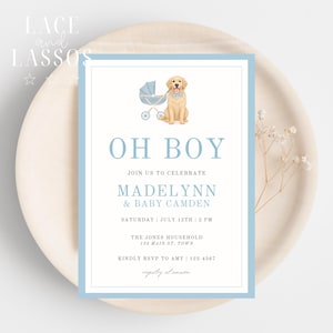 Golden Retriever Baby Shower Invitation, Editable Blue Gingham Dog Baby Shower Invite, Oh Boy Invite, Printable Invitation Template
