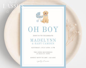 Golden Retriever Baby Shower Invitation, Editable Blue Gingham Dog Baby Shower Invite, Oh Boy Invite, Printable Invitation Template