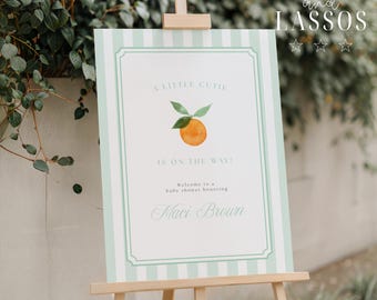 A Little Cutie Welcome Sign, Little Cutie Is On The Way Baby Shower Sign, Citrus Theme, Green Cutie Baby Shower, Editable Template, Canva