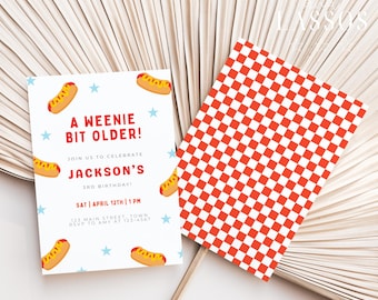 A Weenie Bit Older Birthday Invitation Template, Blue Hot Dog Birthday, Summer Cookout Invite, Editable Birthday Invite Digital Download