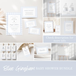Blue Gingham Baby Shower Invitation Bundle, Editable and Printable Boy Baby Shower Decorations, Baby Shower Bundle, Digital Download