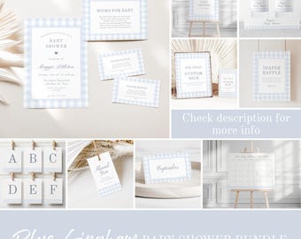 Inviti per baby shower a quadretti blu, decorazioni per baby shower per maschietto modificabili e stampabili, pacchetto baby shower, download digitale.