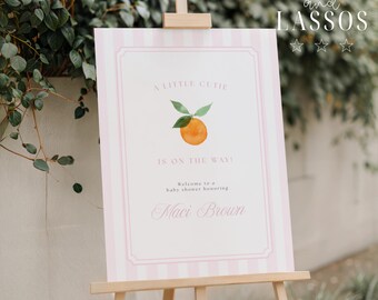 A Little Cutie Welcome Sign, Little Cutie Is On The Way Baby Shower Sign, Citrus Theme, Pink Cutie Baby Shower, Editable Template, Canva