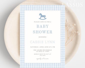 Rocking Horse Baby Shower Invitation Boy, Classic Boy Baby Shower Invitation, Light Blue Gingham Rocking Horse Baby Shower Invite, Canva
