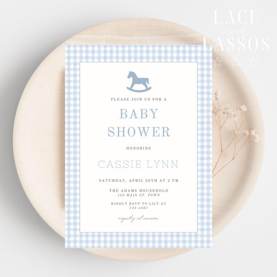 Rocking Horse Baby Shower Invitation Boy, Classic Boy Baby Shower Invitation, Light Blue Gingham Rocking Horse Baby Shower Invite, Canva